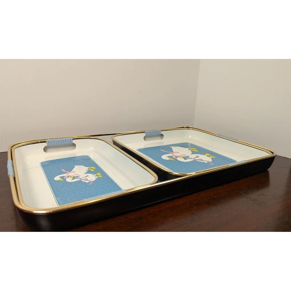 Vintage Made in Japan Serving Trays Ducks Geese Blue Gold Trim Set of 3